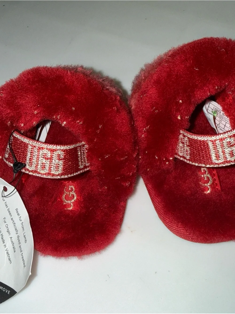 UGG K Fluff  Slide Red Lamb Fur Logo Strap Toddler Slippers US 2/3 RN1125950I